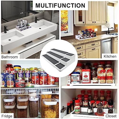 CiWiVOKi 3 Tier Expandable Spice Rack Organizer, Plastic Spice Rack, Adjustable Length 14.6In-25.8In, Non-Skid Tiered Spice Shelf Organizer for Kitchen Cabinet, Cupboard, Pantry, White/Grey - Image 6