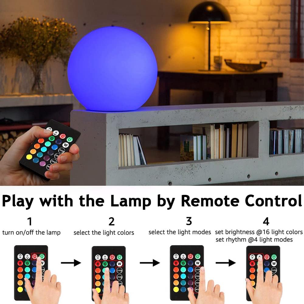 6-in Cordless LED Globe Orb Light for Kids, RGB Color Changing Orb Night Light Mood Lamp w/Remote, Rechargeable LED Ball Night Light Sphere Bedside Lamp, Ideal for Home Garden Patio Party Bar Decors