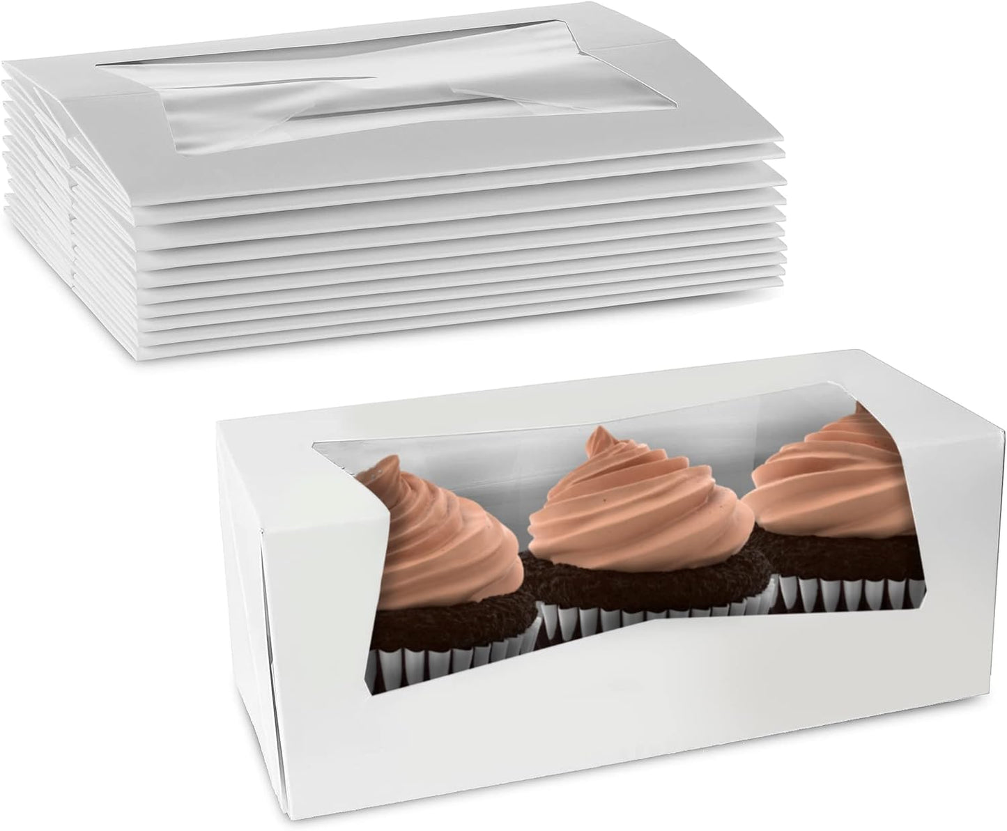MT Products White Cupcake Boxes 9" x 4" x 3.5" - Bakery Boxes with Window (Pack of 15) - Made in USA