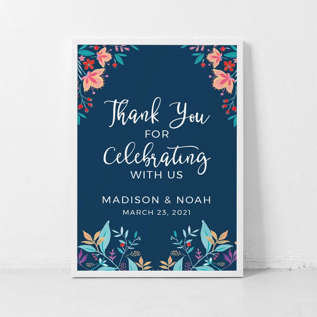 Andaz Press Personalized Extra Large Wedding Easel Board Party Sign, 12x18-inch, Vintage Bohemian Flowers on Navy Blue, Thank You for Celebrating With Us Bride Groom Name Date, 1-Pack, Custom