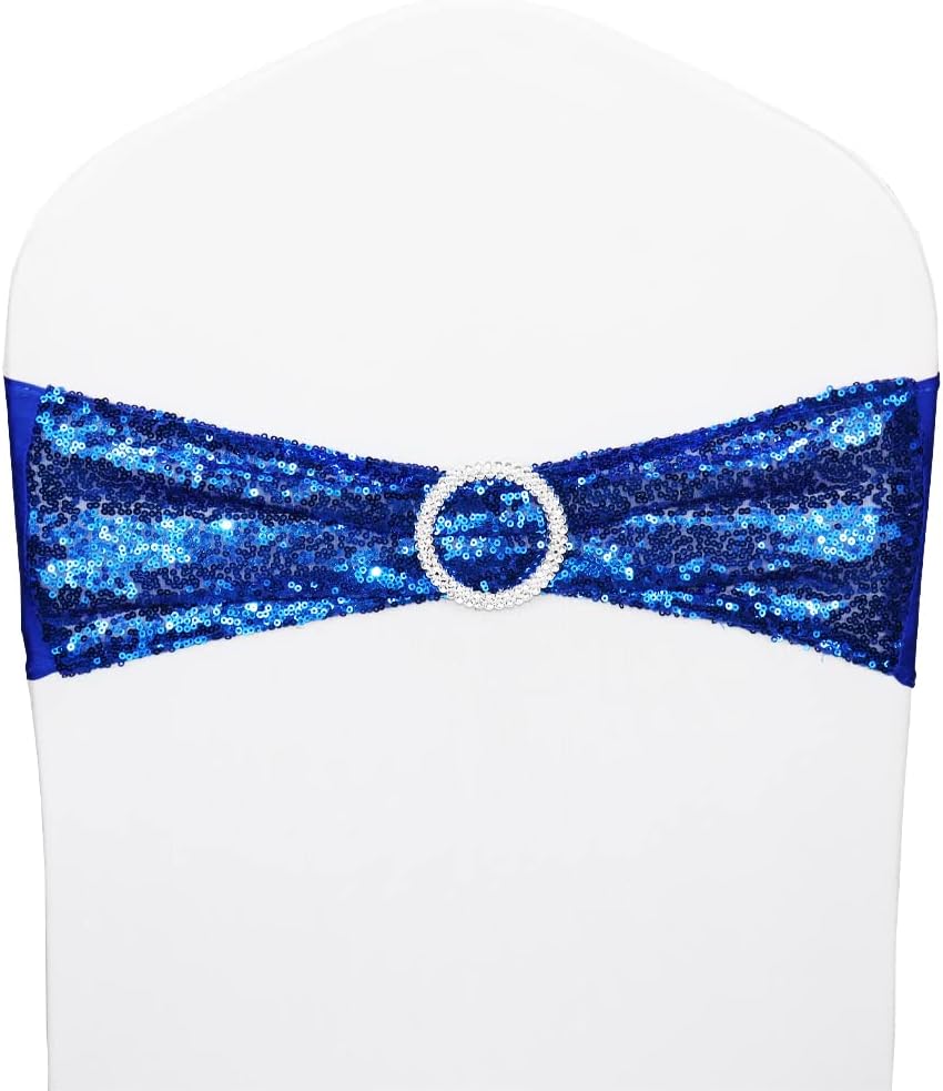 Sequin Chair Sashes Stretch Chair Bands Spandex Polyester Bows for Party Hotel Wedding Banquets Decoration - 6 Pcs Royal Blue