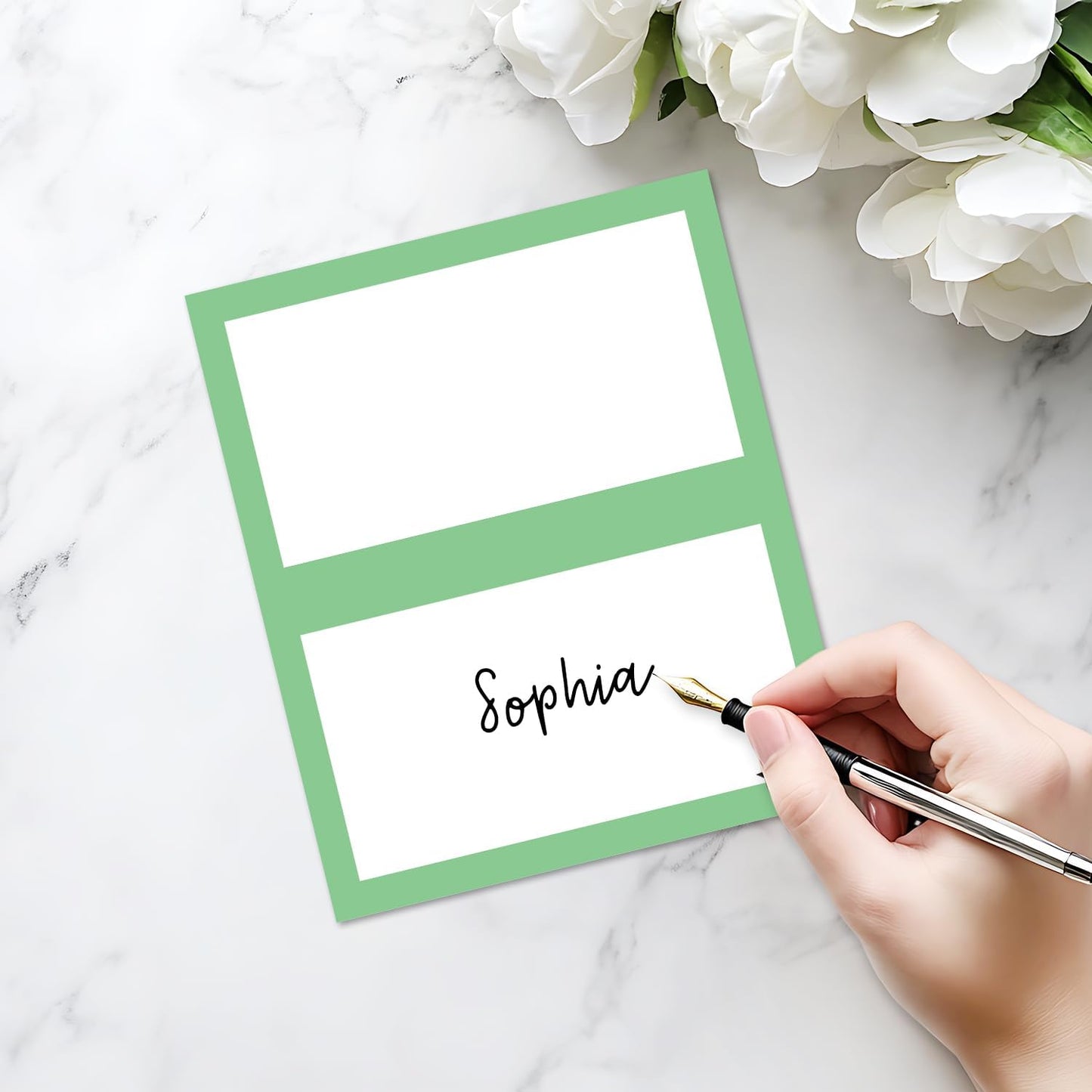 25 Pack Green Border Place Cards, Editable Name Cards for Table Setting, Tent Cards Food Label for Dinner Party, Bridal Shower, Wedding, Baby Shower and Events -T25