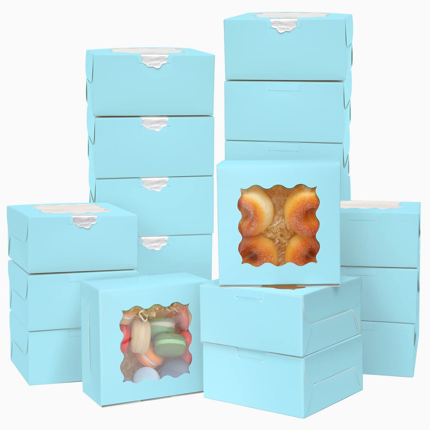 Bakepacker 60pcs Light Blue Bakery Boxes with Window 6x6x3 inches Thick & Sturdy Macaroon Pastry & Cookie Boxes
