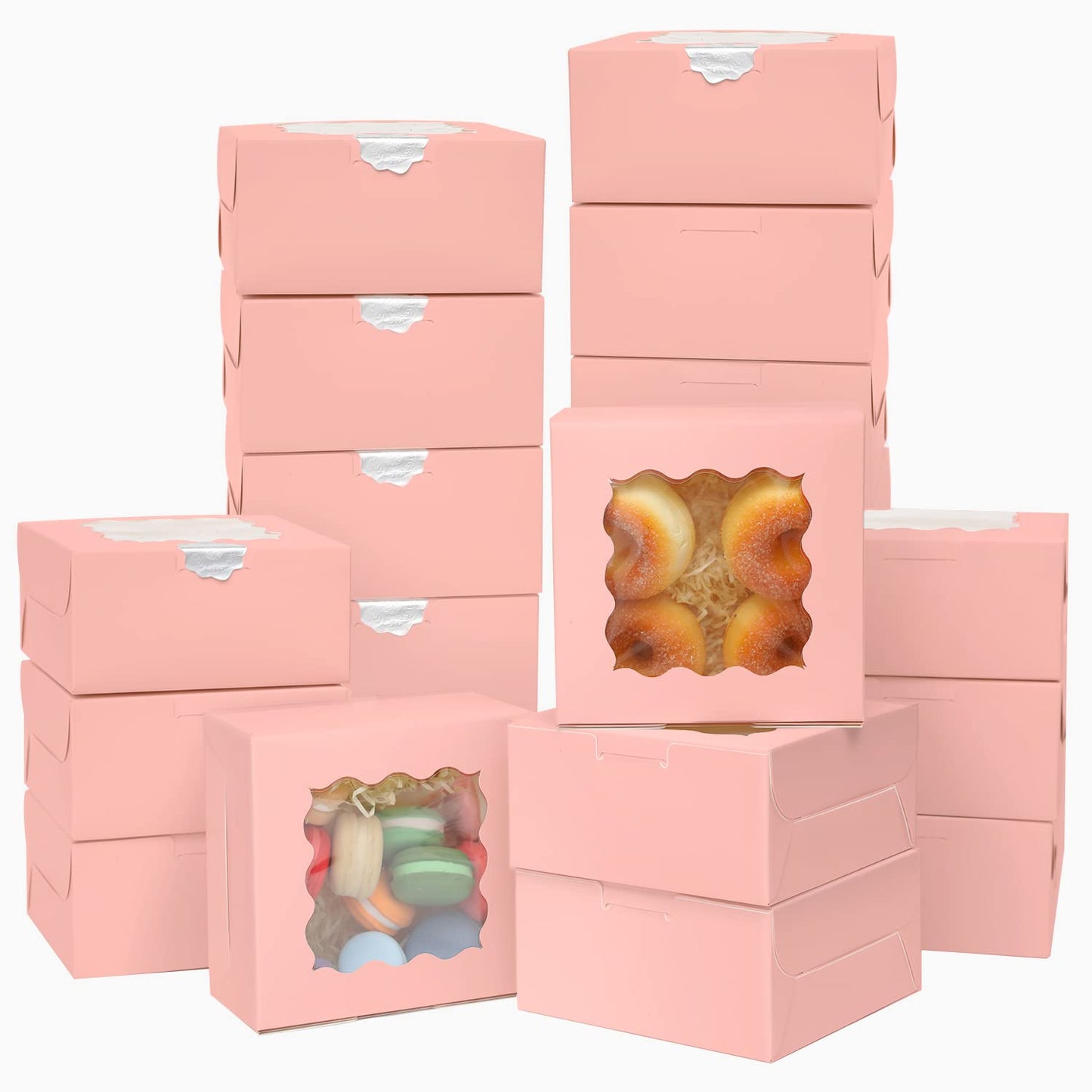 Bakepacker Pink Bakery Boxes with Window 6x6x3 inches Thick & Sturdy Macaroon Pastry Boxes Cookie Boxes for Bakerys（60-Packs）