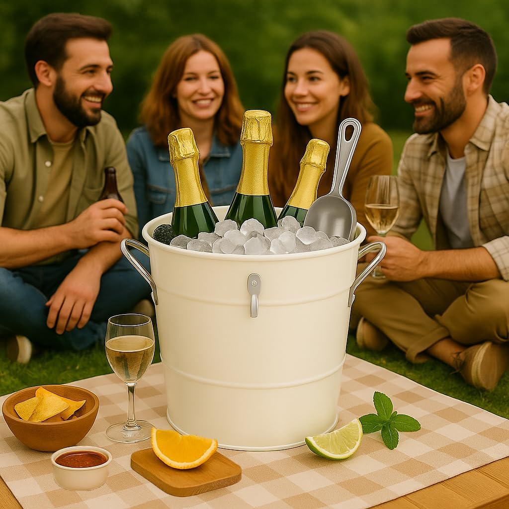 Insulated Ice Bucket with Lid Scoop Handle for Parties Cocktail Bar, 4L Round Mental Champagne Drink Wine Bucket for Drinks White