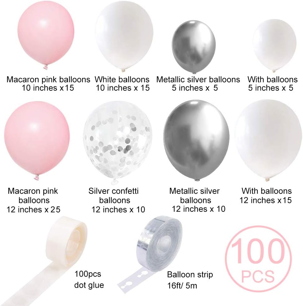 Silver Pink Balloons Garland Kit, 100pcs White and Silver Confetti Metallic Latex Balloons Arch with 16ft Tape Strip & Dot Glue for Girl Baby Shower, Birthday Party, Wedding, Anniversary Decorations
