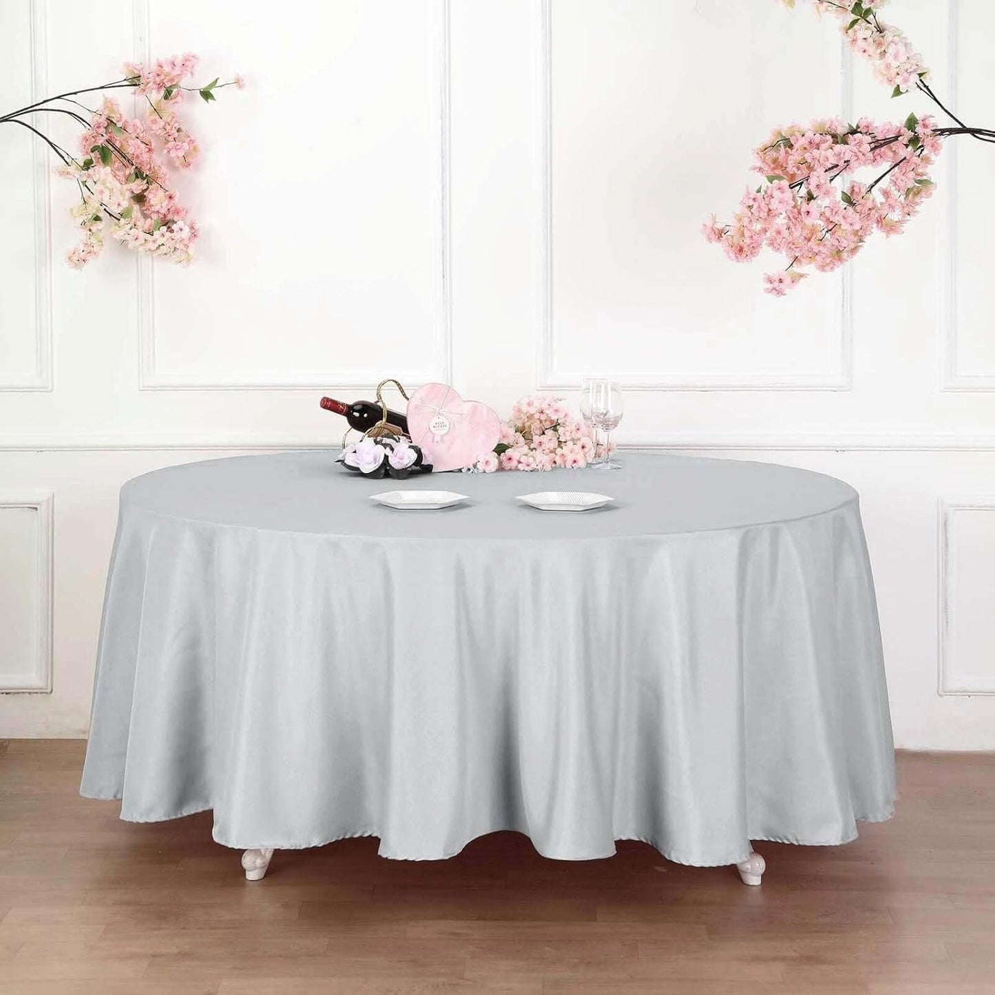 Efavormart Round Tablecloth, 132 Inch Stain & Wrinkle Resistant Washable Table Cloth, Decorative Polyester Fabric Table Cover for Banquet, Wedding, Dining- Silver