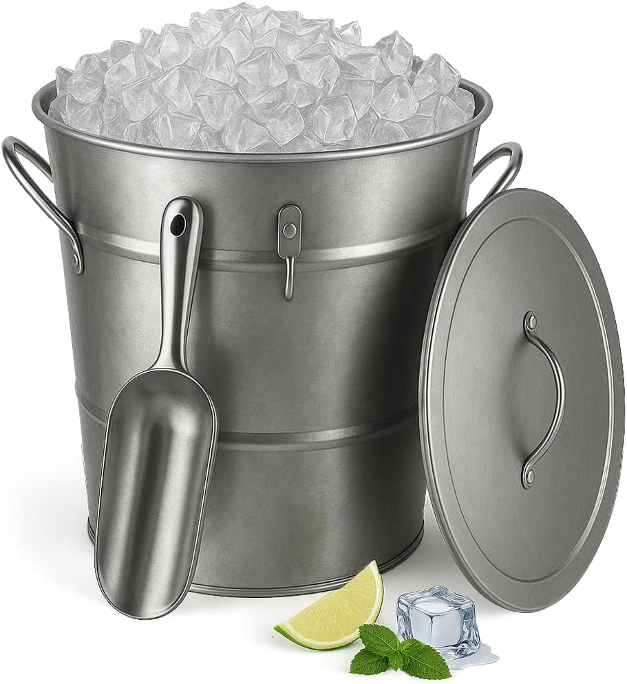 Insulated Ice Bucket with Lid Scoop Handle for Parties Cocktail Bar, 4L Round Mental Champagne Drink Wine Bucket for Drinks Metallic
