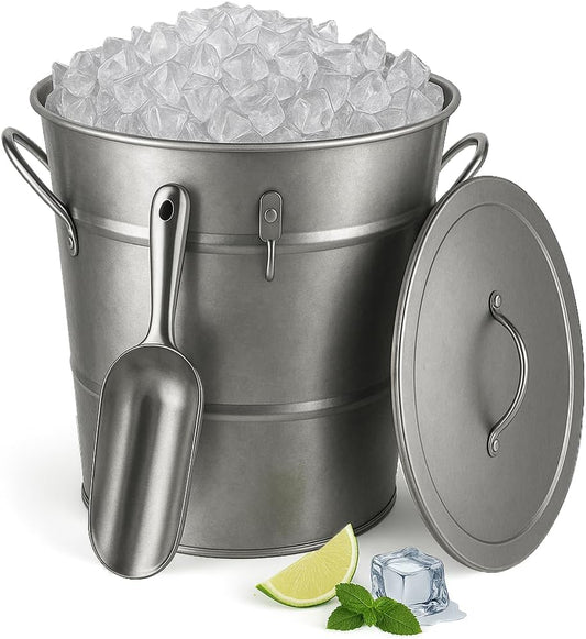 Insulated Ice Bucket with Lid Scoop Handle for Parties Cocktail Bar, 4L Round Mental Champagne Drink Wine Bucket for Drinks Metallic