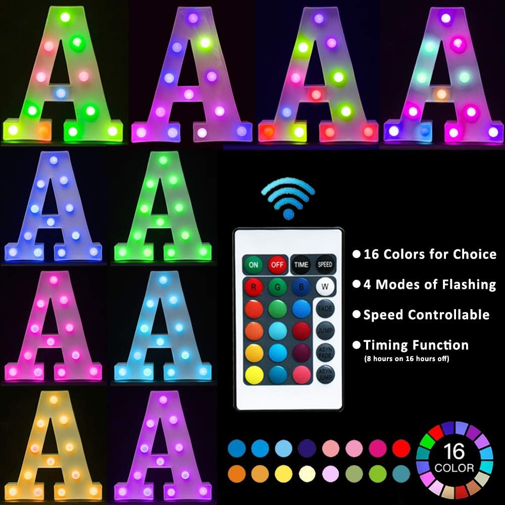 Pooqla Colorful Marquee Letters LED Light Up Letters with Remote, Party Birthday Letter with Lights Decorations for Classroom Room Dorm Home - Multicolor Letter H
