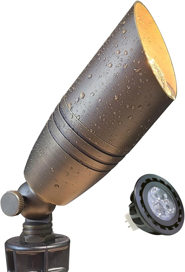 MALORY Brass Landscape Spotlights 1-Pack with MR16 Bulb(S02), 12V Low Voltage Landscape Lighting LED Outdoor Spot Uplights for House and Tree,PVC Ground Stake and Wire Connector Included, 5W 2700K
