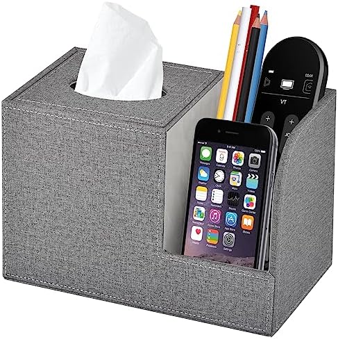 Square Tissue Box Cover Organizer,PU Leather Cube Tissue Box Holder with 2-Compartment Storage Box,Tissue and Remote Control Holder,Decorative Tissue Box Bedroom NightStand Office Tabletop,Grey by XNONE