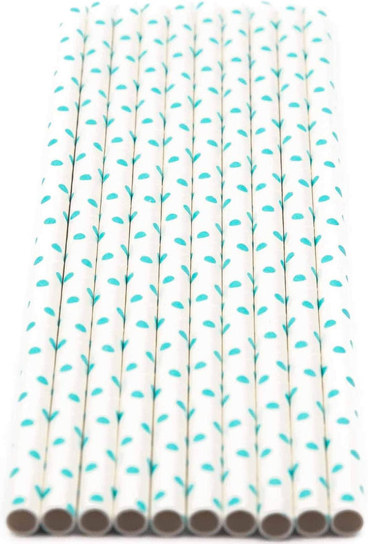 Pack of 150 Teal Blue Polka Dot Biodegradable 4-Ply Paper Drinking Straws (Compostable, Non-toxic, BPA-free)