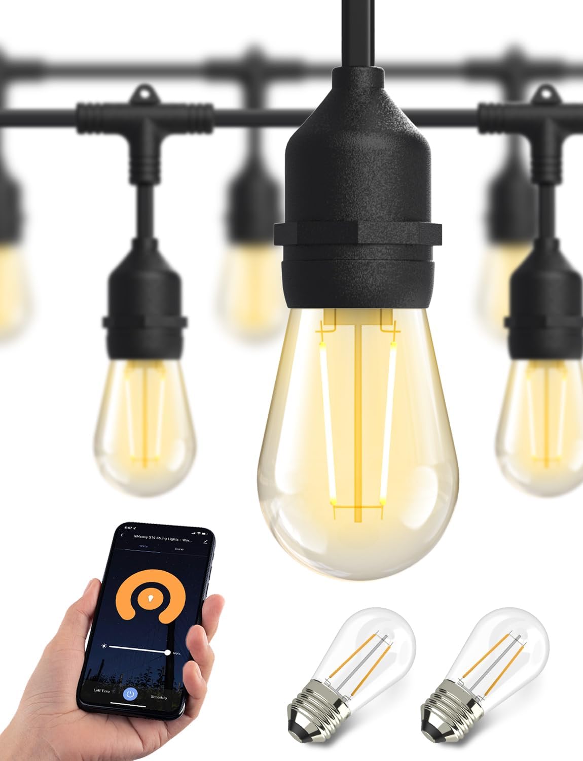XMCOSY+ Smart Outdoor String Lights, 123Ft LED Patio Lights Waterproof IP65, App Control, Compatible with Alexa, Dimmable Edison Bulbs Outdoor Light for Yard Porch Bistro Outside