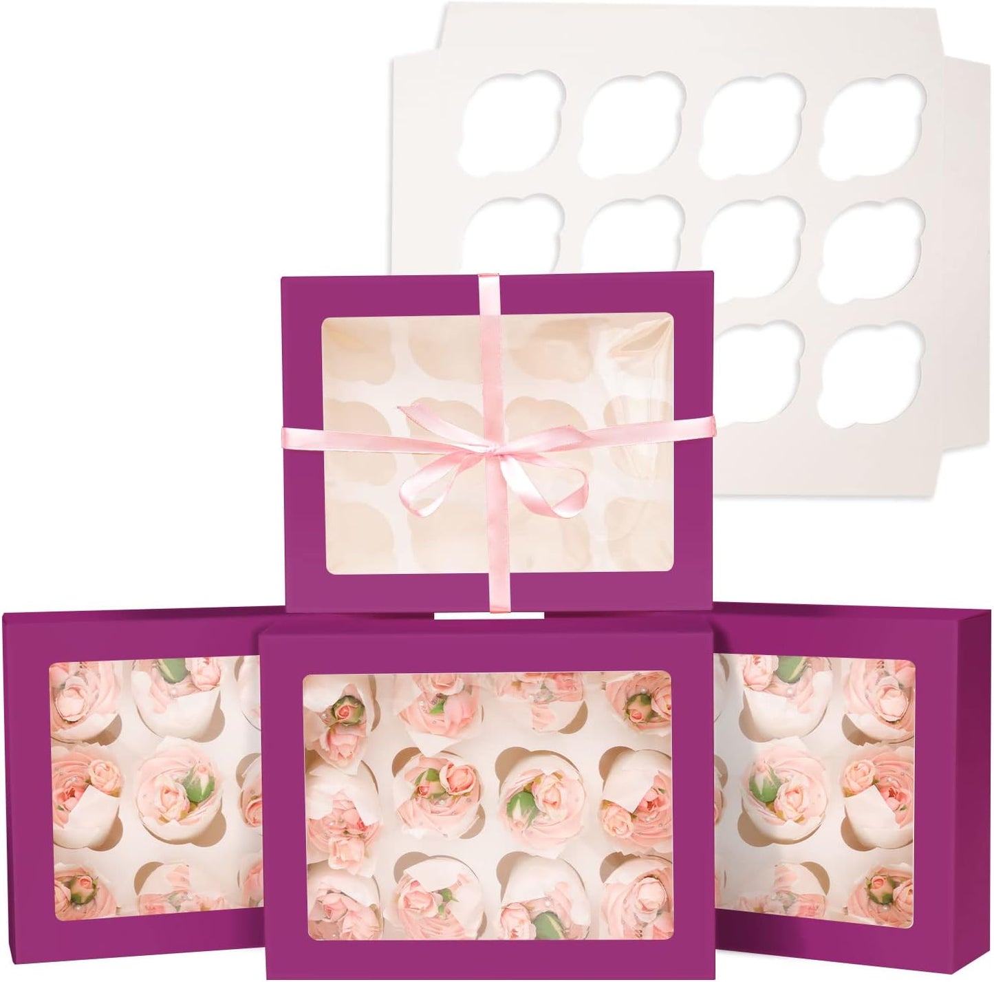 12 Cupcake Containers 10-Packs Deep Purple Cupcake Box Cupcakes Carrier, 12 Cupcake Boxes with Window 13"x10"x3.5"（Auto-pop up）