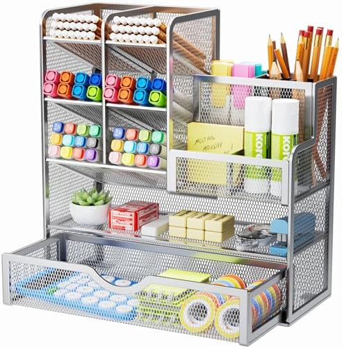 Marbrasse Mesh Pen Holder for Desk, Pen Organizer with Drawer, Multi-Functional Pencil Organizer, Desk Organizers and Accessories for Office Art Supplies (Silver) by Marbrasse