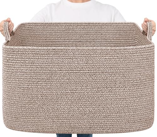Goodpick 85L Large Woven Rope Blanket Basket, Rectangle, Brown by Goodpick