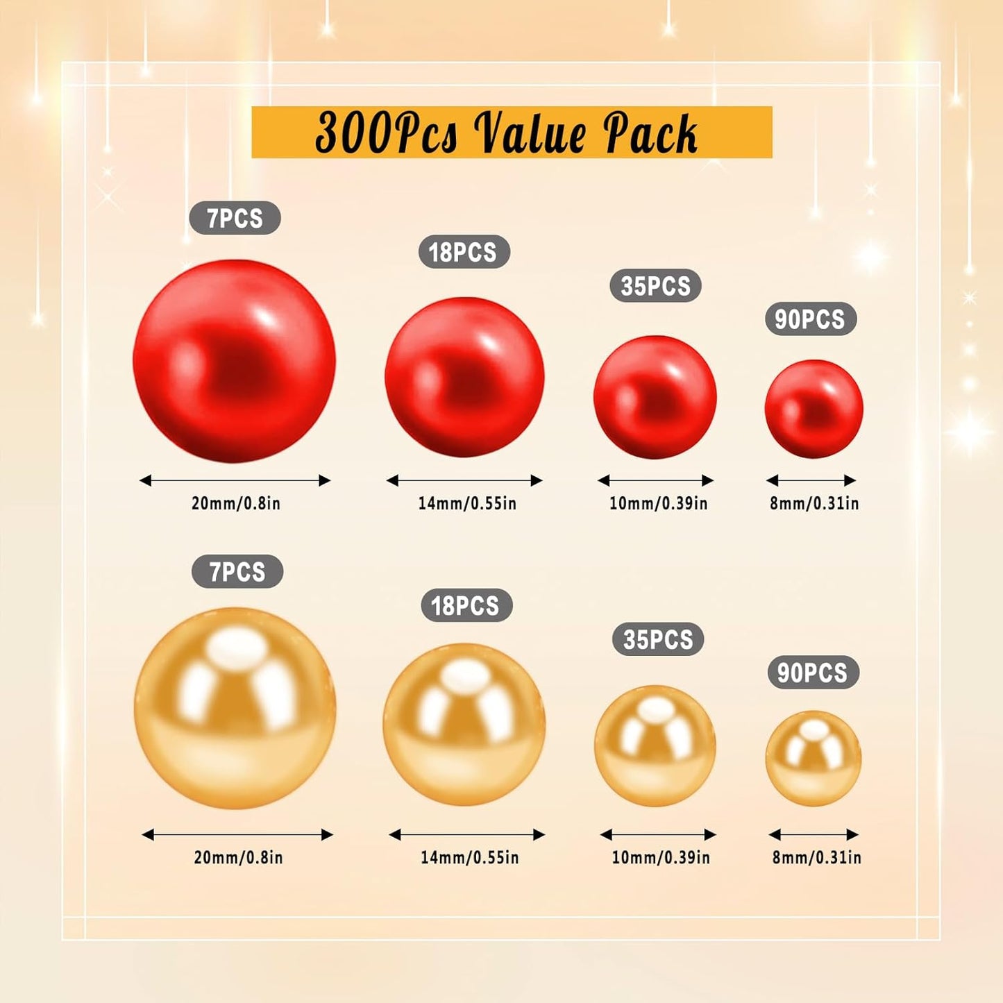 300Pcs Pearl Vase Filler, Red Gold No Hole Faux Pearl Beads for Centerpieces Vases, Candle Centerpieces, Wedding Birthday Party Home Decor 8/10/14/20mm