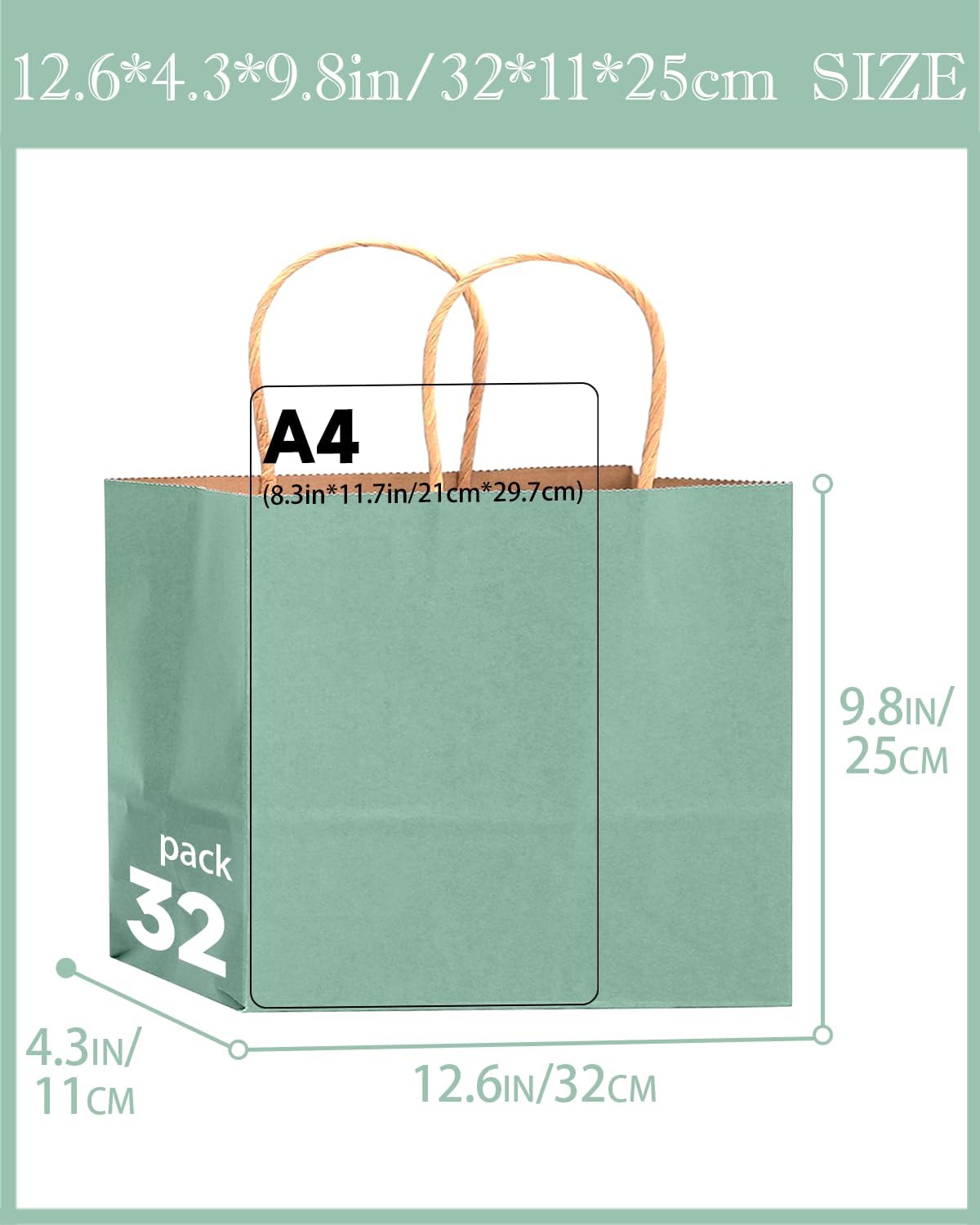 qiqee 100PCS Large Gift Bag with Handles Bulk 13"x4.5"x10" Gift Bags Kraft Light Blue Multiple Uses (32x11x25cm,Wide Large)