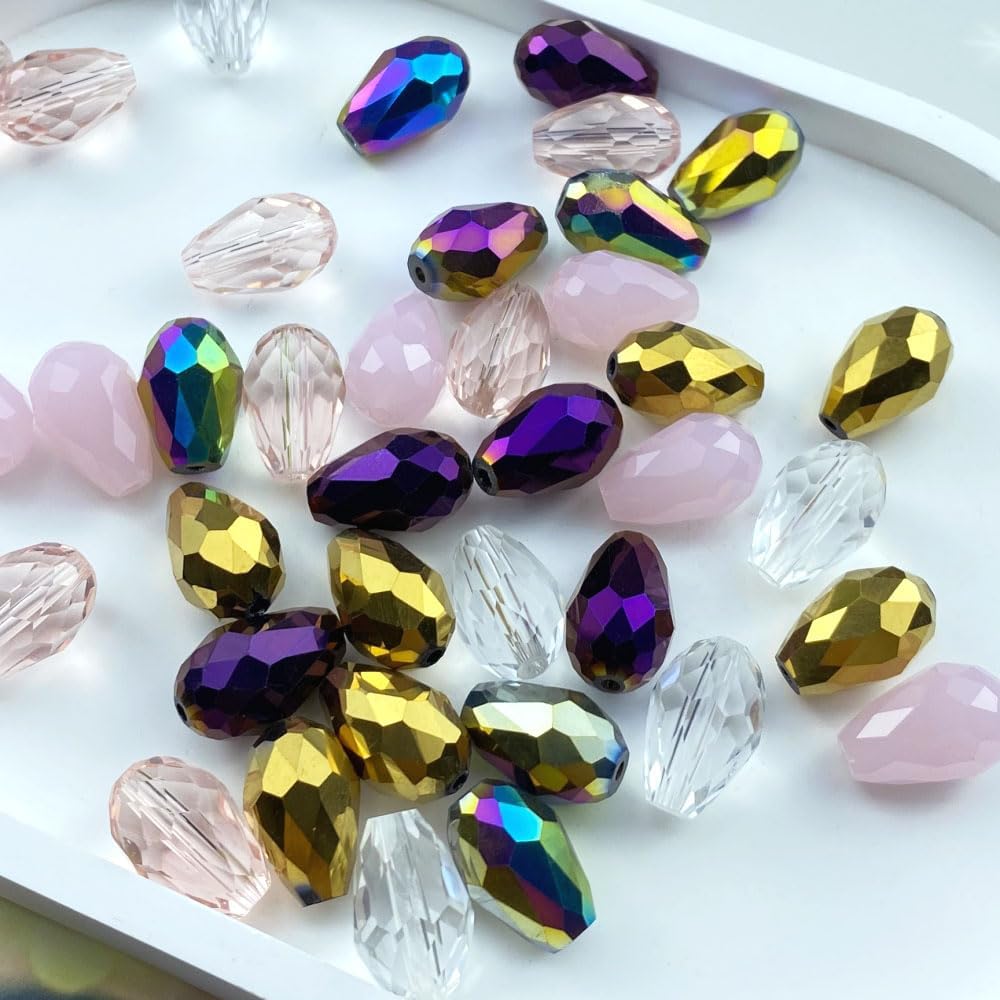 40pcs 10x15mm Teardrop Crystal Glass Beads Vertical Hole Faceted Loose Spacer Beads for DIY Craft Jewelry Making Necklace Bracelet Earring Wind Chimes(Pink Series)