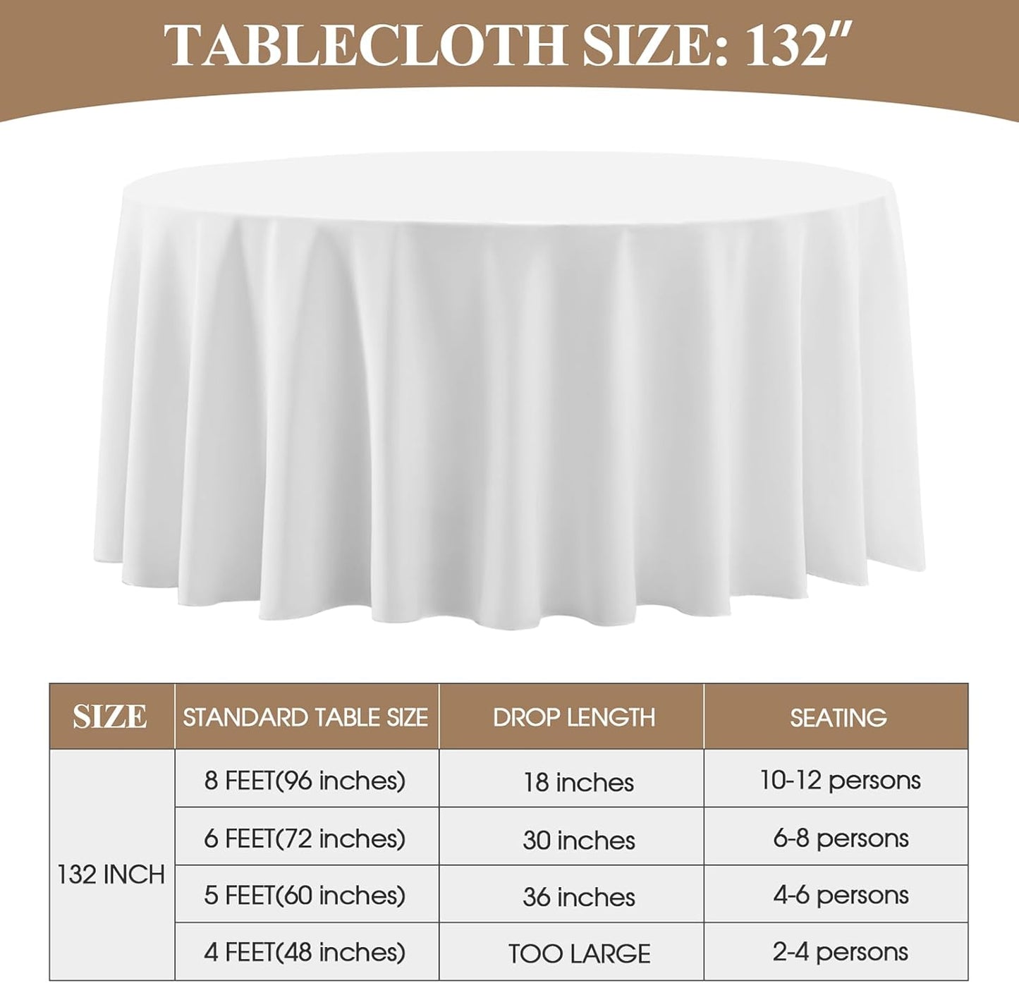 Round Tablecloth 132 Inch 10 Pack White Tablecloths Washable Decorative Linen Polyester Table Clothes Cover for Dining Table Banquets Buffet Parties and Wedding
