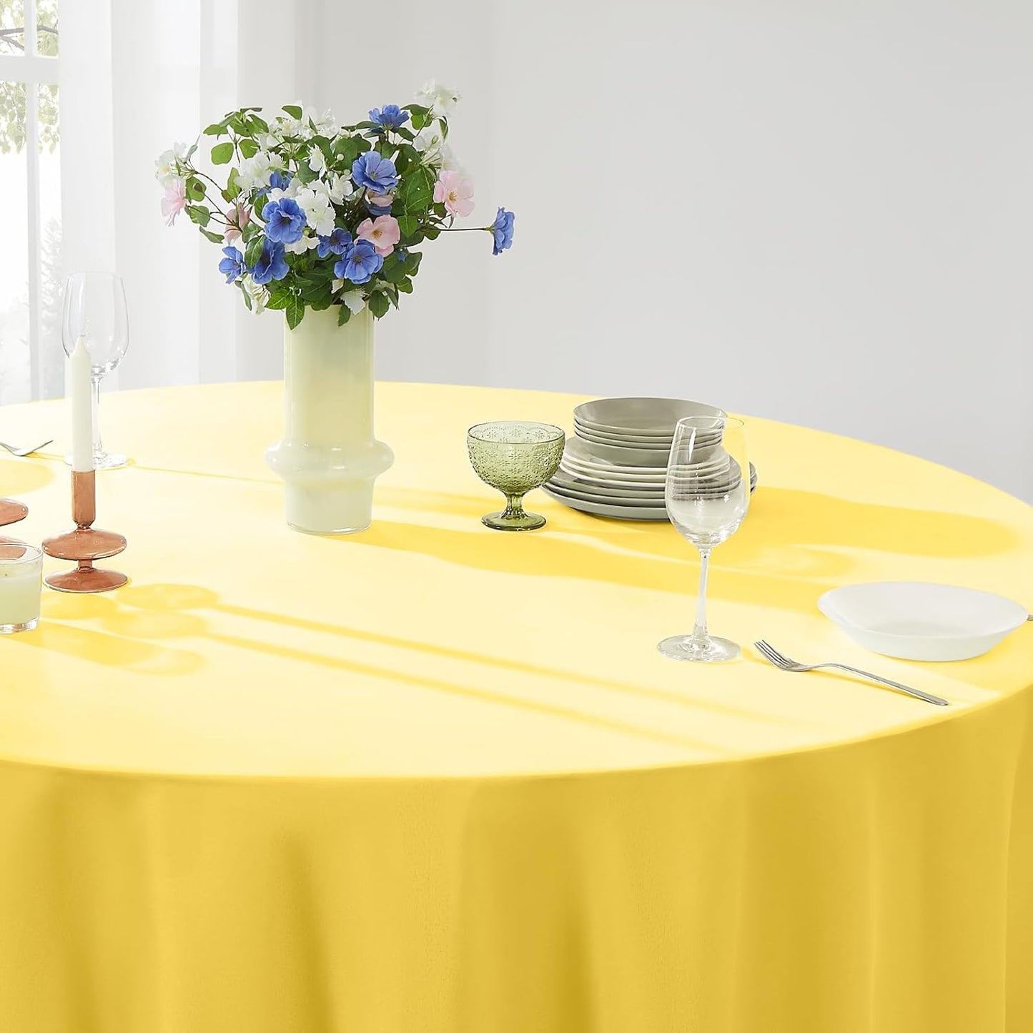 Round Tablecloth 2 Pack 90 Inch Yellow Tablecloths Washable Decorative Linen Polyester Table Clothes Cover for Dining Table Banquets Buffet Parties and Wedding