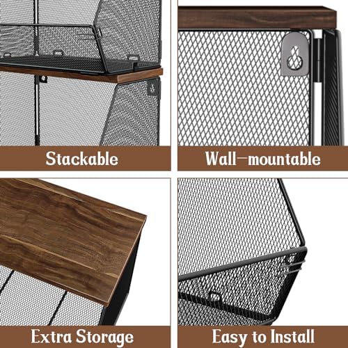 Litwaro Fruit Basket Wire Baskets with Wood Lid, Wall Mounted Produce Basket for Snack, Fruit and Vegetable Storage, Countertop Onion and Potato Storage, 3 Pack Stackable Kitchen Counter Organizer - Image 2