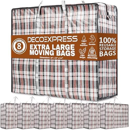 8 Pack Heavy Duty Moving Bags with Strong Zipper & Carrying Handles, 107L/ 28 gal Large Durable Clothes Storage Totes, 88 lbs Packing Moving Boxes, Closet Organizers and Storage (29.9x23.2x29.4 IN) by DECO+EXPRESS