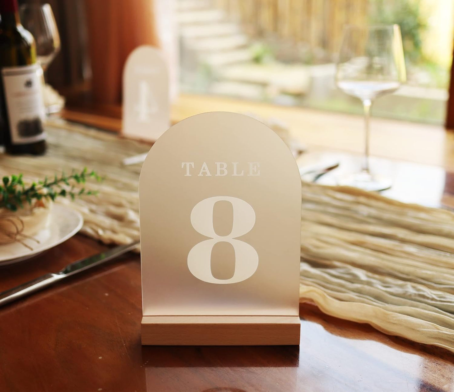 Wedding Table Numbers 26-30, Acrylic Arch Signs with Natural Wood Stands Holders, Rustic Table Decor for Reception & Parties (Frosted White)