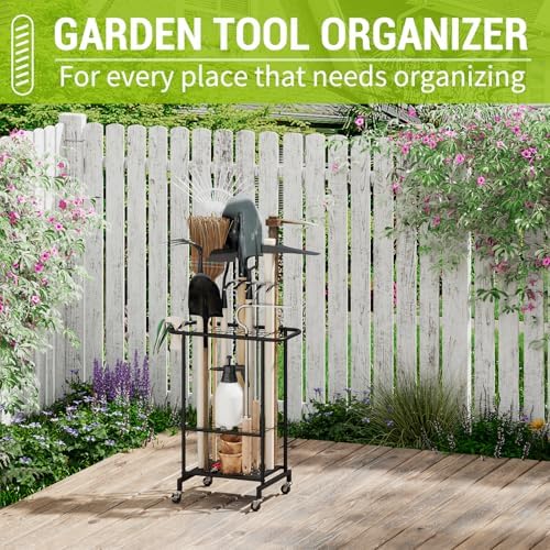 3-Tier Garden Tool Organizer with Wheels, Garage Floor Rolling Storage Cart on Wheels Heavy Duty Metal Rolling Storage Cart, Yard Tool Tower Rack for Garage, Patio, Shed, Indoor Outdoor - Image 5