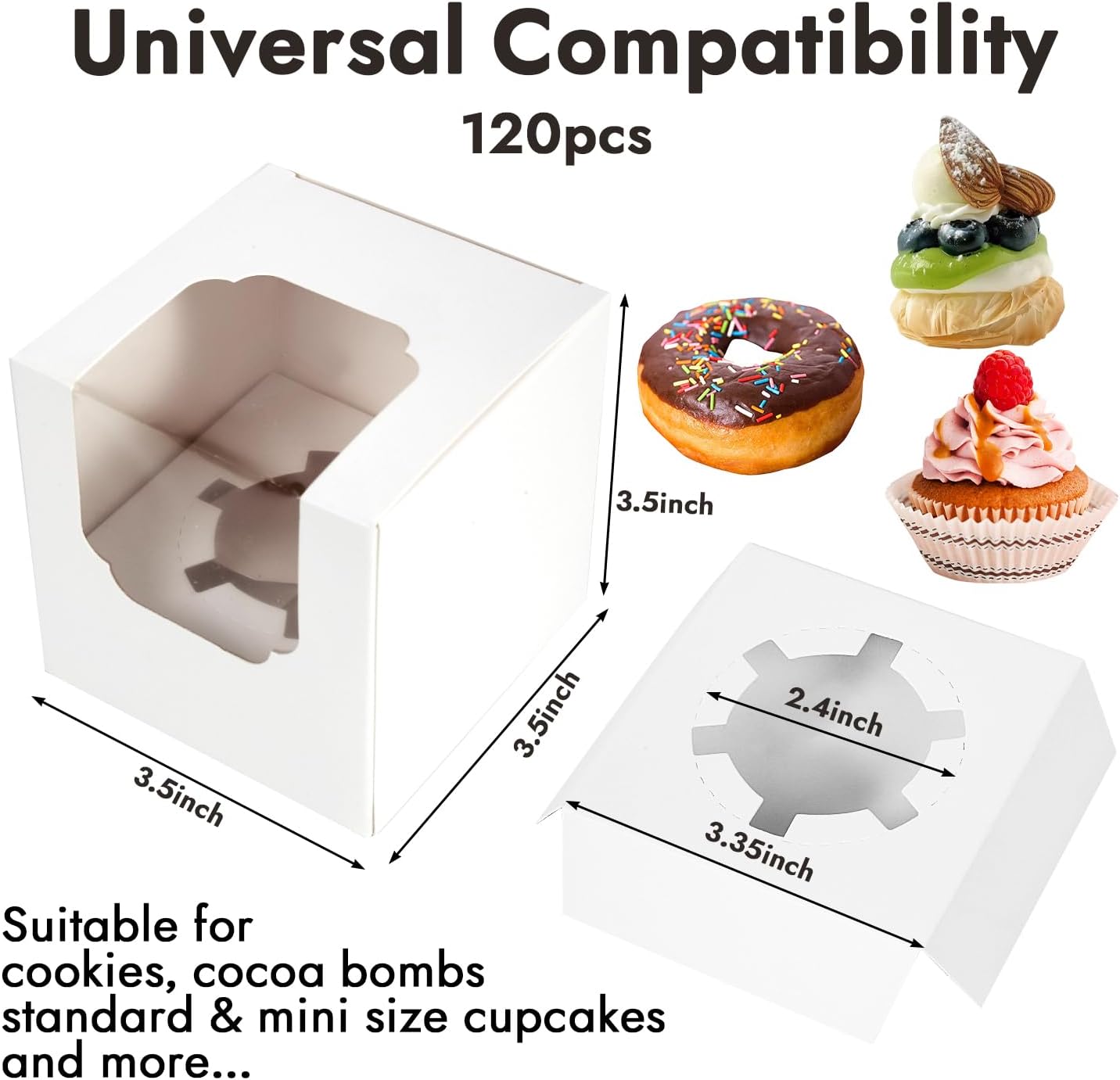 JCD 120 Packs Individual Cupcake Box White with Insert, 3.5" Cupcake Containers Single with Insert and Window for Hot Cocoa Bombs and Cookies, Pre-Assembled for Wedding Birthday Party (White/120Pcs)