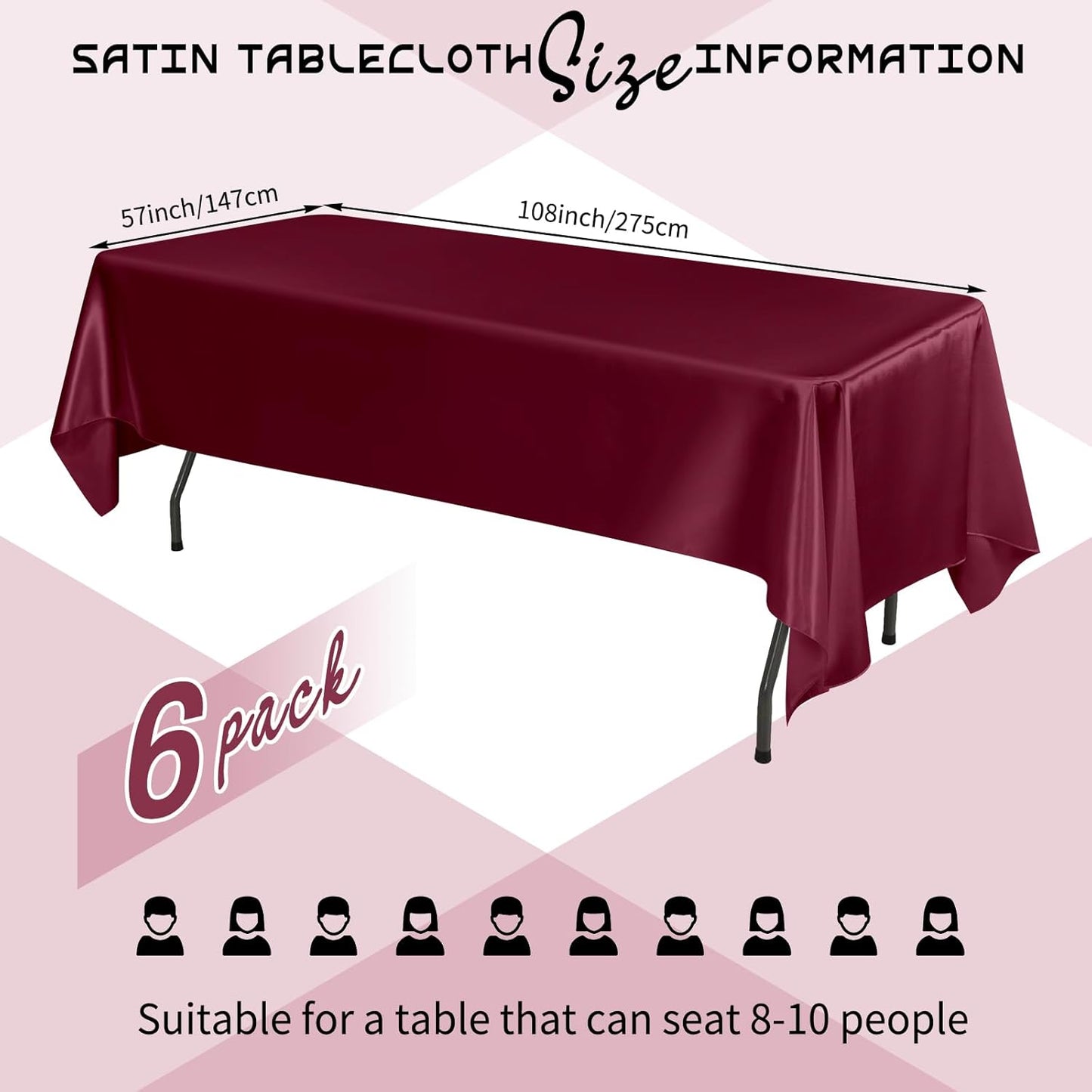 6 Packs Satin Tablecloth 57 x 108 Inch Burgundy Rectangular Table Cloth Silk Tablecloth Smooth Fabric Overlay Satin Table Cover Decoration for Wedding Party Banquet Events