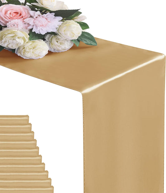 6Pack Table Runner 12 x 108 Inches Satin Silk Table Runner for Wedding, Birthday Party, Banquets, Graduations Decoration, fit Rectange and Round Table-Champagne
