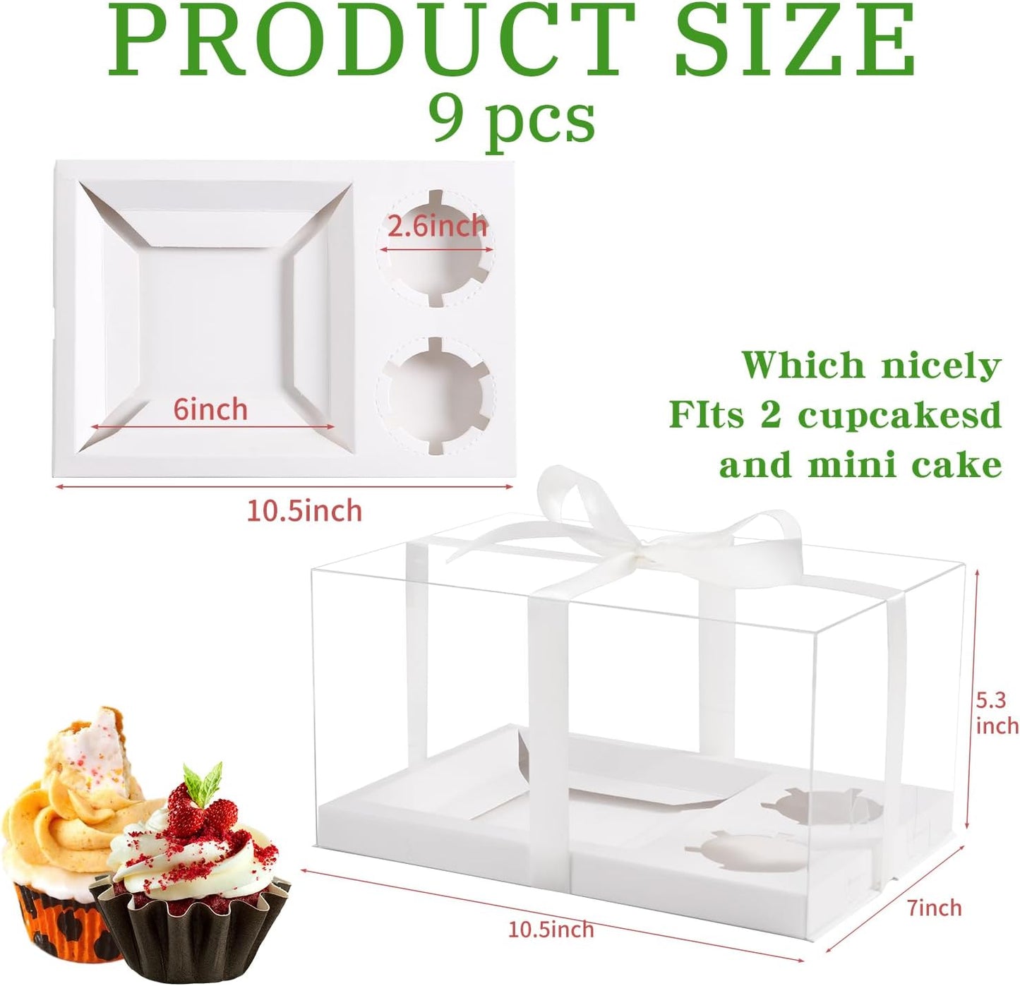 JCD 9 Pcs Cake Cupcake Combo Boxes,1+2 Cupcakes carriers 2 Cupcakes Holes,with 2 Cupcake Holes - Cake and Cupcakes Boxes - Pastry Sweets Bento Box (1+2/9Pcs)