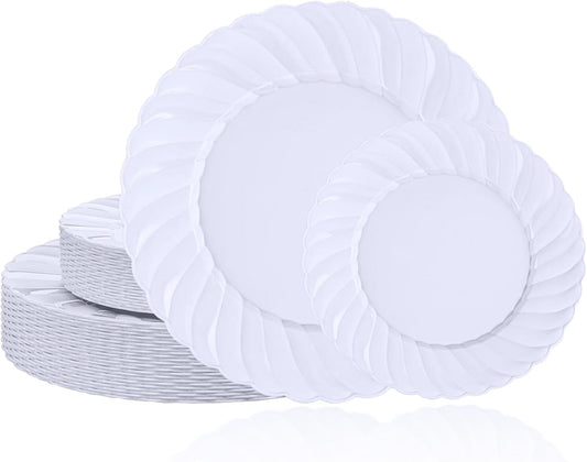 U-QE 60 Pcs White Plastic Plates for Party – Scalloped Plastic Plates Heavy Duty & Elegant – Include 30 10.25" Dinner & 30 7.25" Dessert Plate - Perfect for Weddings, Bridal Showers and Parties