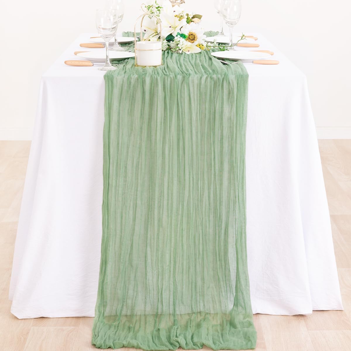 12Pcs Sage Green Cheesecloth Table Runner 120 Inch Green Cheesecloth Table Runner10FT Sage Table Runner Boho CheeseClothTable Runner forWedding Party Baby Shower Birthday Home Decor HolidayDecorations
