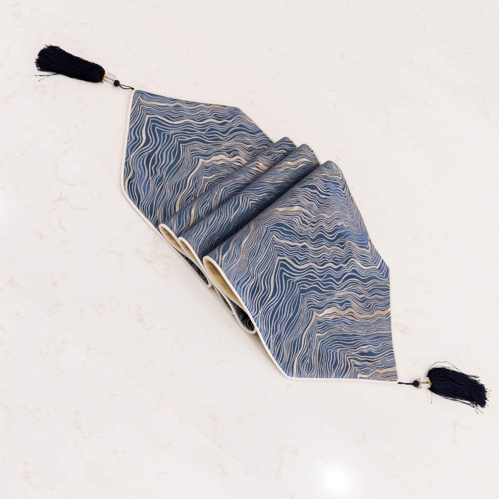 Avigers 12 x 78 Inch Decorative Luxury Abstract Striped Navy Blue Table Runners with Tassels for Home Living Room Bedroom Art Decor Wedding