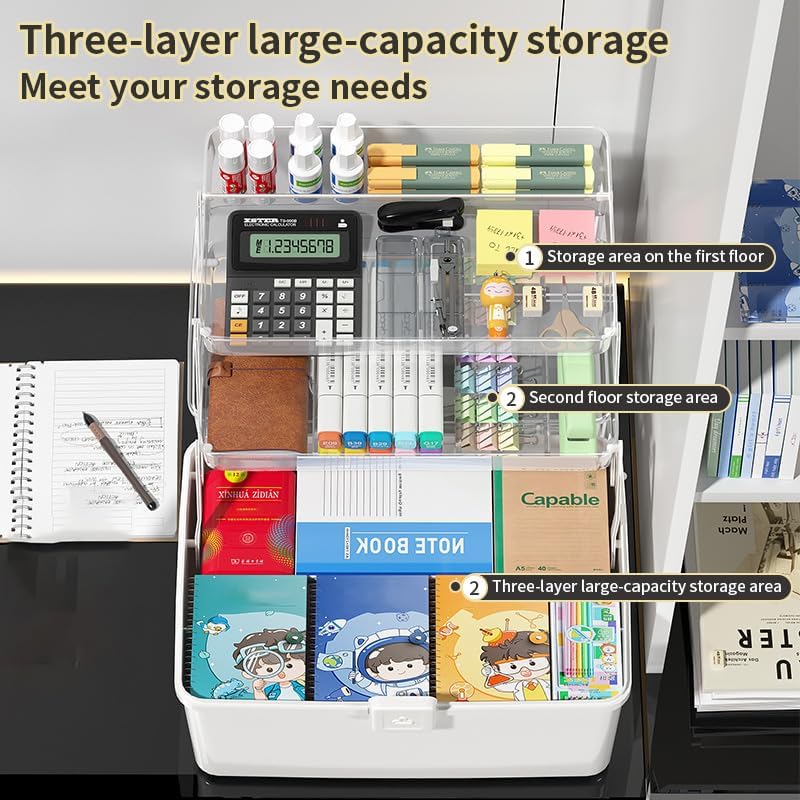Large 3-Layer Craft Storage Box with Handle, White - Image 3