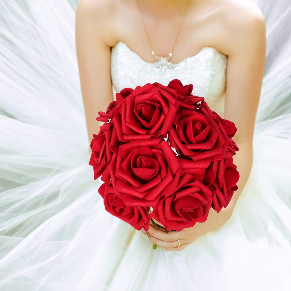 AmyHomie Artificial Flowers Dark Red Rose 50pcs Real Looking Fake Roses w/Stem for DIY Wedding Bouquets Centerpieces Arrangements Party Baby Shower Home Decorations