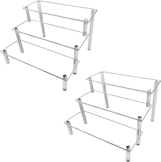 AZEAM 2 Packs Acrylic Display Risers,Clear Display Risers Stand Small Mini Shelf 3 Tiered Cupcake Stand for Food Desserts Stand Perfume Organizer Toys Collections Cosmetic Products Tabletop Use