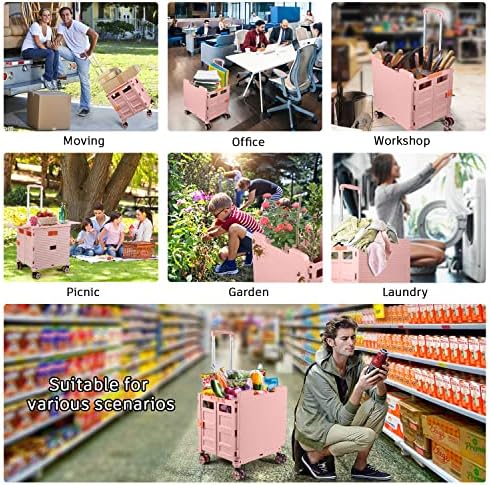Foldable Utility Cart Collapsible Portable Crate Rolling Carts with Wheels Tote Basket with Magnetic Lid Telescopic Cover Wear-Resistant 360°Rotate Wheel Noiseless for Shopping Storage Office Use - Image 4
