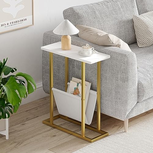 Yusong Small Narrow Side Table for Small Spaces, 17.7" W Slim End Table Magazine Table Nighstand with Storage Holder, Accent Skinny Snack Couch Bedside Table, Gold White, Complete Iron Pipes - Image 2