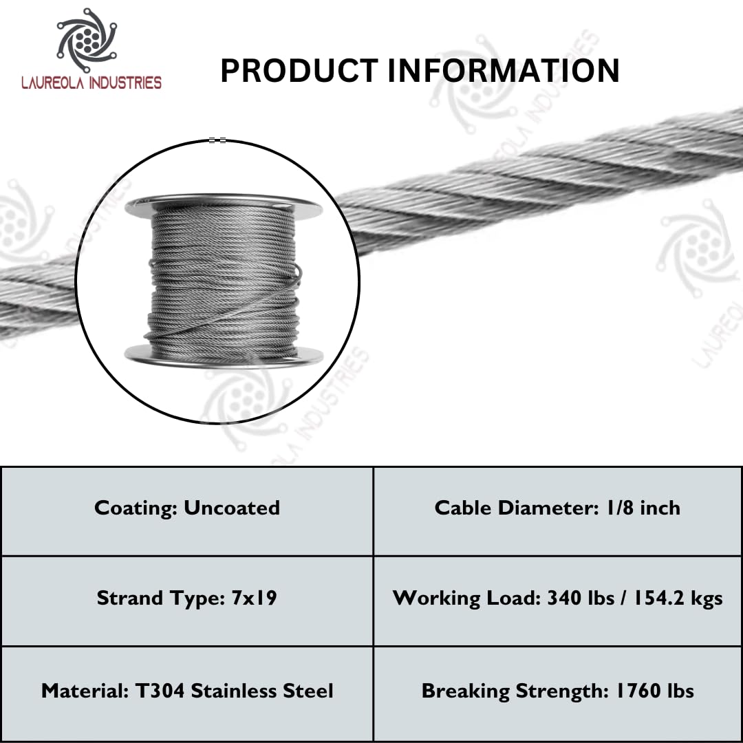 Laureola 1/8" 7x19 Stainless Steel Aircraft Wire Rope 304 Grade (1000ft)