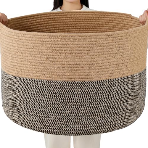 Foldable Laundry Hamper Basket with Collapsible Handle Cotton Rope Soft Woven Fabric Storage Organizer Clothes Toys Nursery Bedroom Dorm Space Saving Bin (Camel & Mix Camel, 80L(21.7"D x 13.8"H)) by BEVOVBE