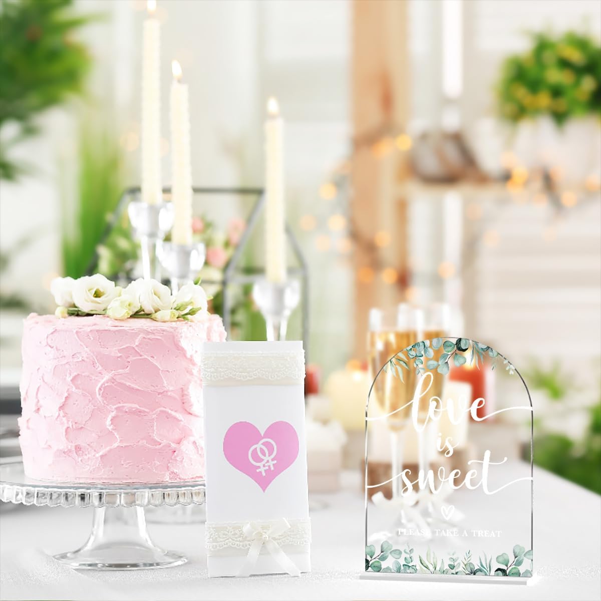 Acrylic Wedding Sign Love is Sweet Signs for Ceremony Modern Calligraphy Arch Acrylic Table Top Signs for Wedding Reception and Event Party Table Decor (Eucalyptus Leaves)