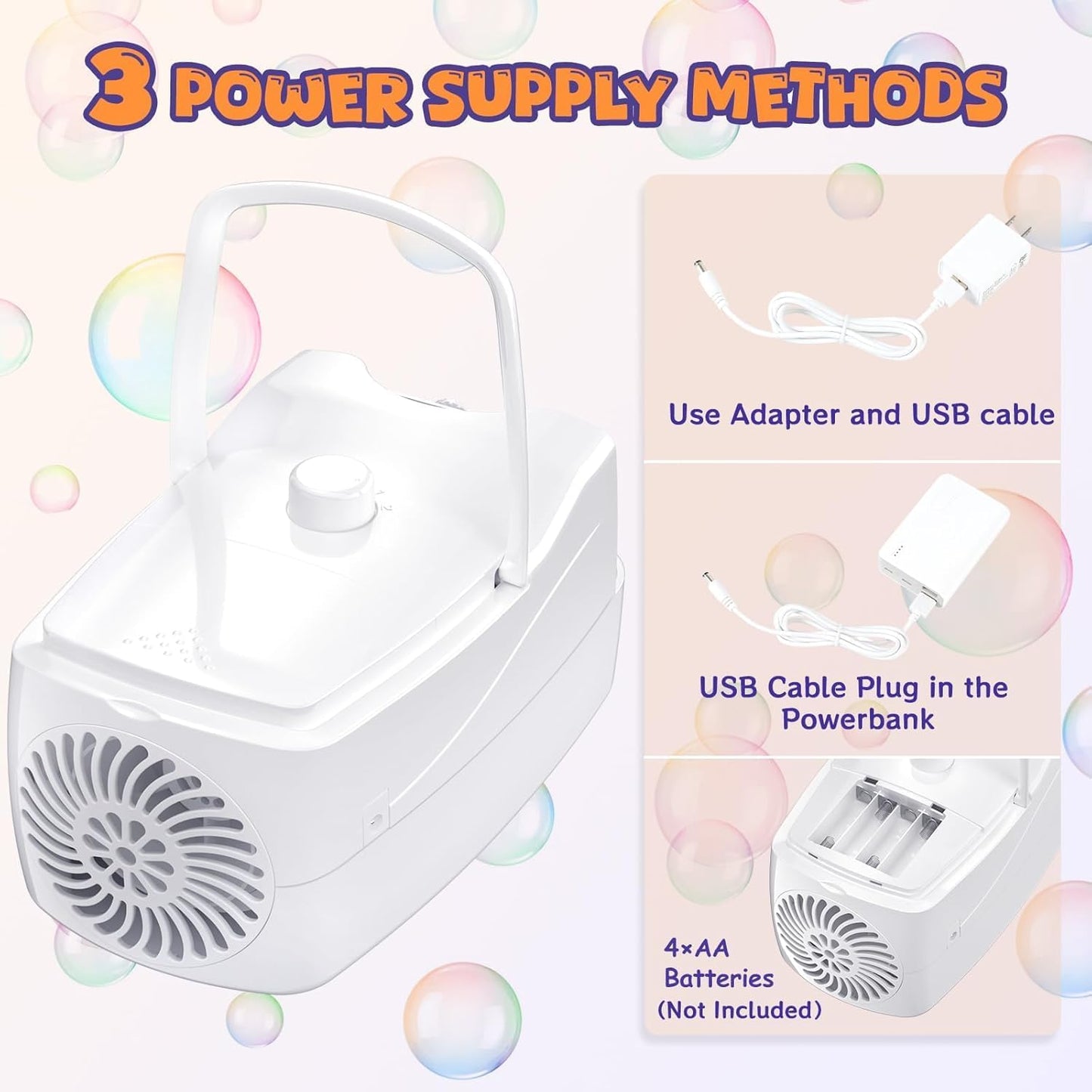 Bubble Machine, Automatic Bubble Blower for Kids, 18000+ Bubbles Per Minute with 2 Speed Settings, Battery/USB Powered Bubble Maker for Toddlers, Outdoor Birthday Parties, Weddings (White)