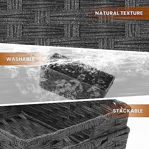 Onlytak Large Wicker Storage Basket, Metal Frame, Set of 2, Washable Waterproof, 15" x 10.3" x 5.2", Dark Grey Color, Woven Basket for Pantry, Toilet, Bathroom, Bedroom, Patio - Image 3