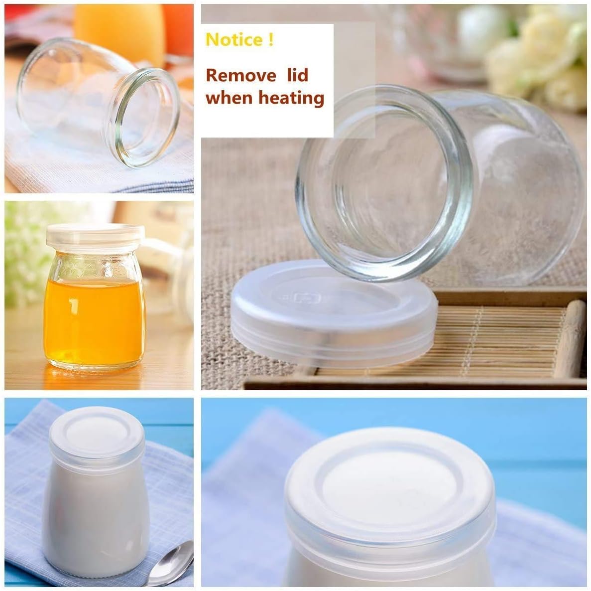 6 Pcs Yogurt Pudding Jars Bottles With Plastic Lids Ideal for Jam, Honey, Wedding Favors, Shower Favors, Baby Foods (5.5 oz (150ml))