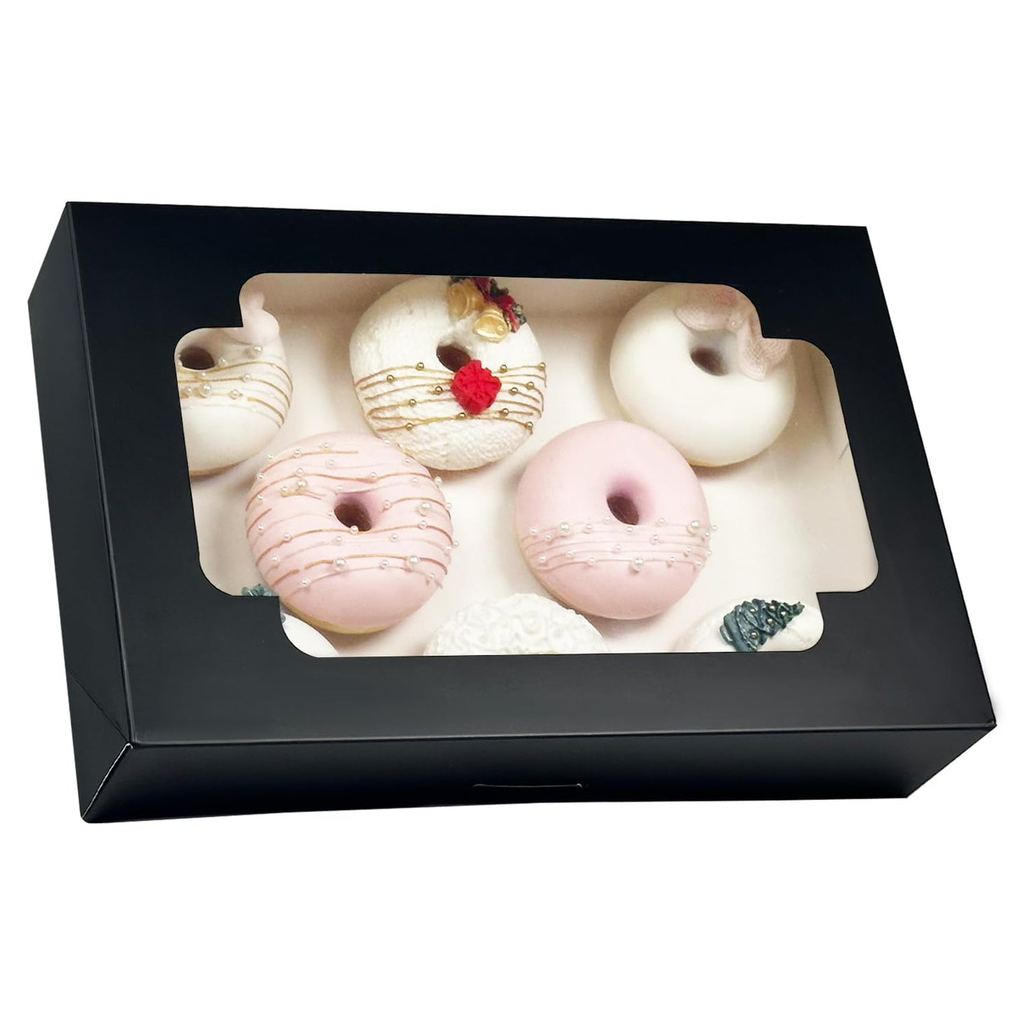 qiqee Auto-pop up Black Cookie Box with Window 12x8x2.5 inch 18 Packs Two Uses One Second Folding Pastry Biscuit Bakery Box for Packaging