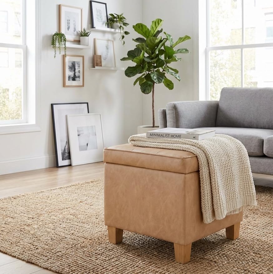HomePop 18" Square Tufted Storage Ottoman - Sand Faux Leather - Image 4